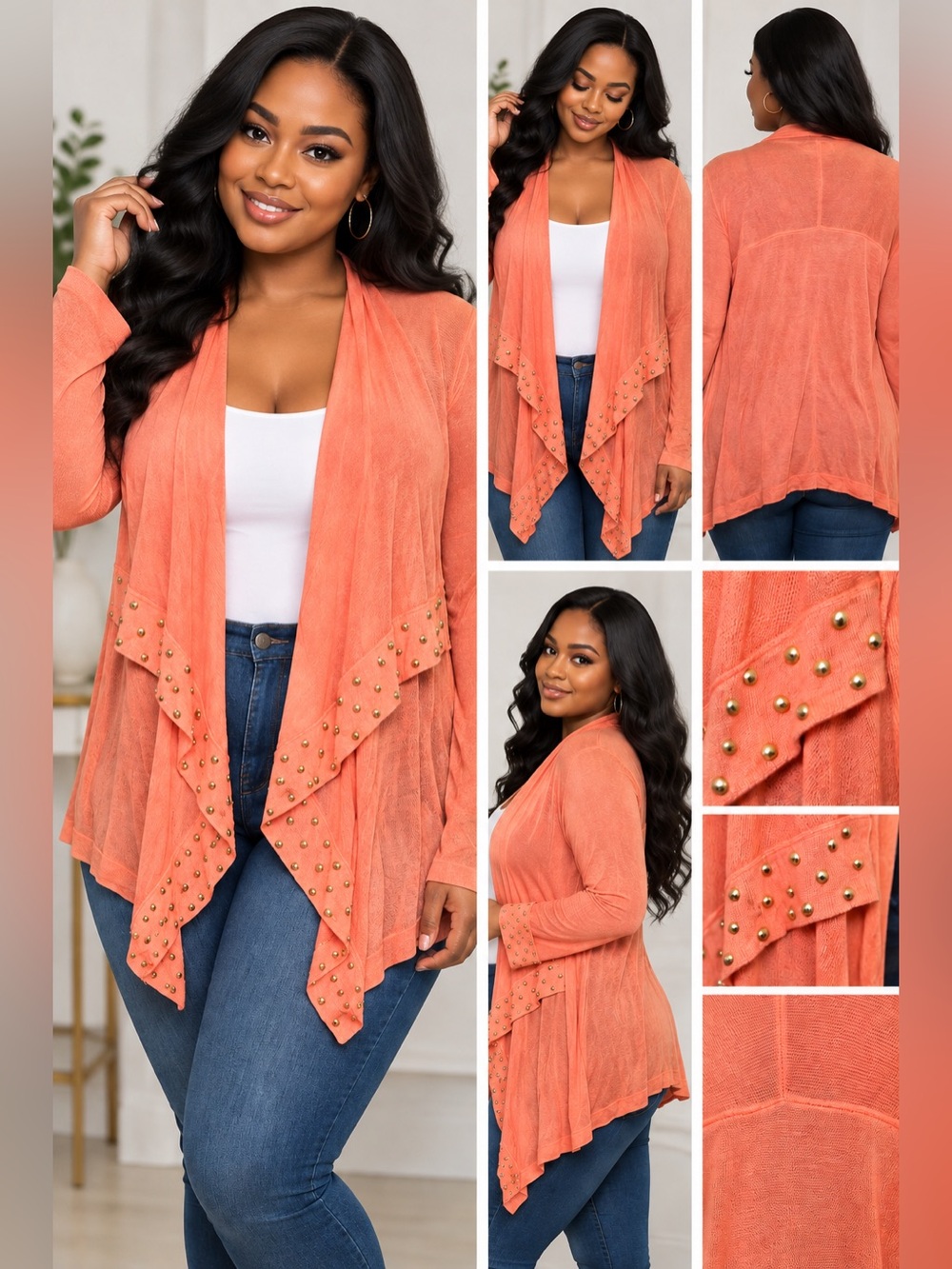 Cache Coral Open-Front Studded Draped Cardigan